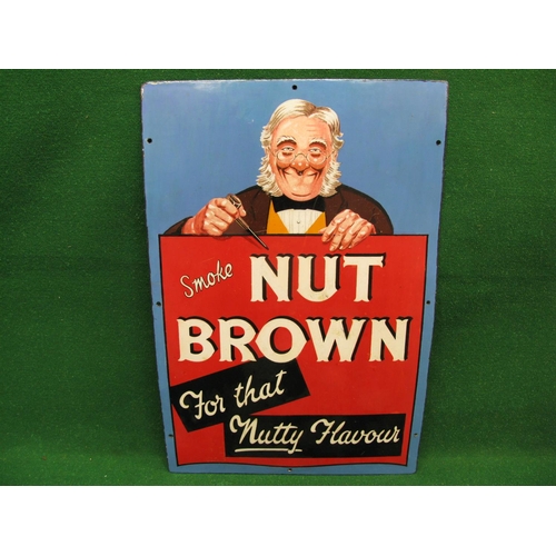 159 - Enamel sign Smoke Nutbrown For That Nutty Flavour, white letters on a red and black ground with a be... 