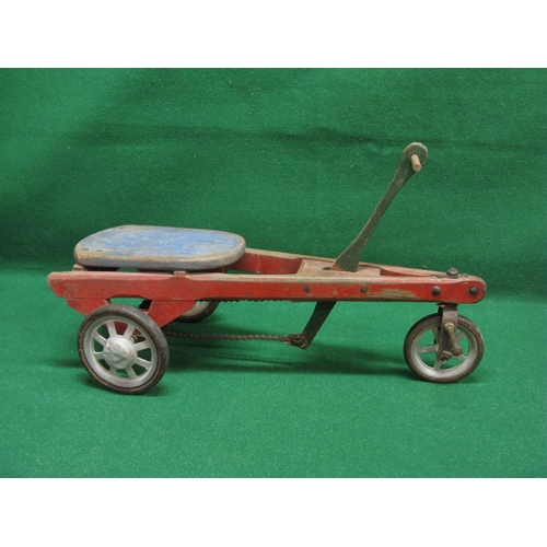 164 - Possibly French wooden hand propelled three wheel trike with foot steering and solid tyre metal whee... 