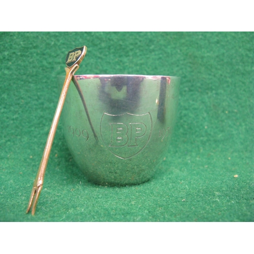 78 - Silver beaker with BP Motif marked for Finigans Ltd, Birmingham 1958 engraved 1909 BP 1959 together ... 