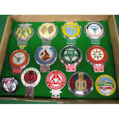 80 - Thirteen car badges to include: BOAC International 500, NF Retail News Agents Booksellers & Statione... 