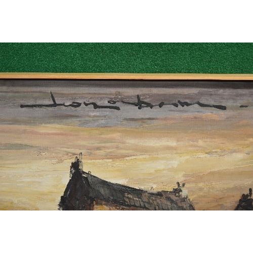 165 - 20th century oil on canvas of a village or town on a waters edge, indistinctly signed top right - 40... 