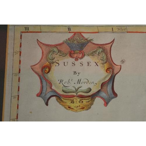 171 - Robert Morden, hand coloured map of Sussex sold by Able Swale Awnsham and John Churchill - 16.5