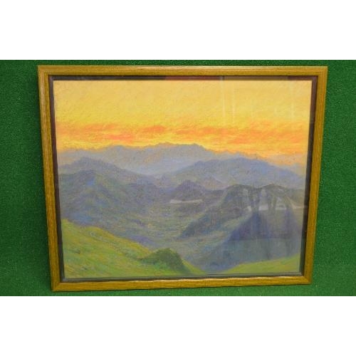 173 - Thomas FM Sheard, pastel of a sunrise over a valley setting, initialed bottom left, also having labe... 