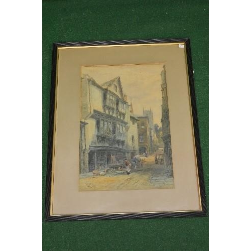 175 - Alfred Leyman (1856-1933), watercolour of a street scene, the street having figures, cart and furnit... 