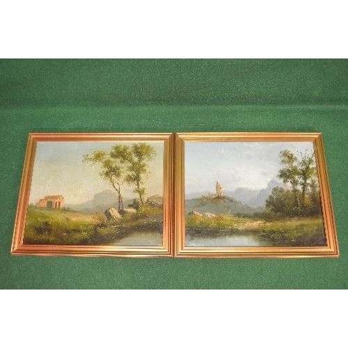 176 - Pair of unsigned oil on canvas of buildings in rural settings with trees in the foreground and build... 