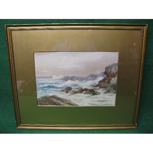 190 - T Mortimer, watercolour of rough seas on a rocky coastline, possibly Cornwall, with Seagulls flying,... 