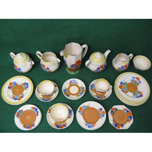 212 - Collection of Clarice Cliff Bizarre Crocus pattern tea and dinner ware to include: two lidded teapot... 