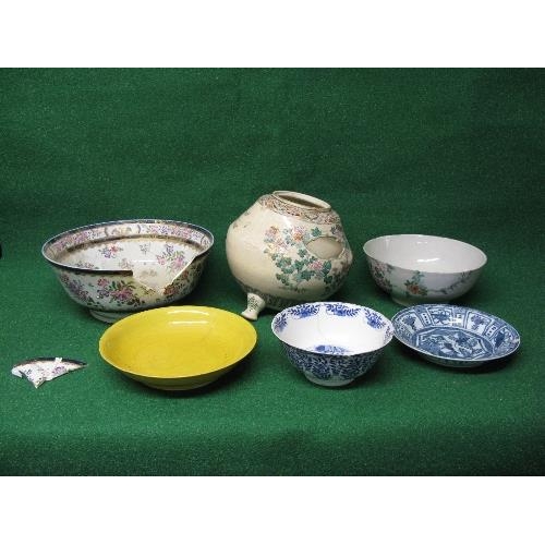 215 - Group of six pieces of Oriental ceramics to comprise: yellow glazed bowl having impressed decoration... 