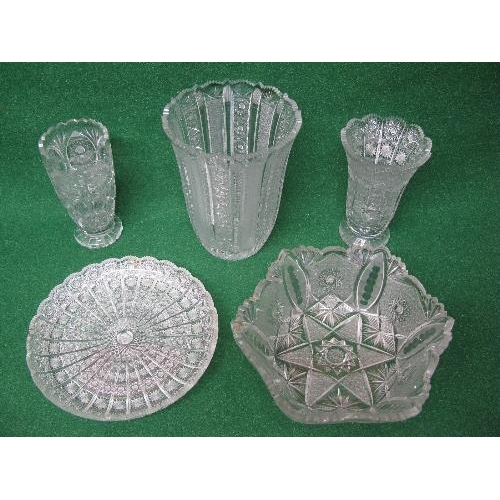 228 - Group of five pieces of cut glass to include: circular dish, hexagonal fruit bowl and three vases