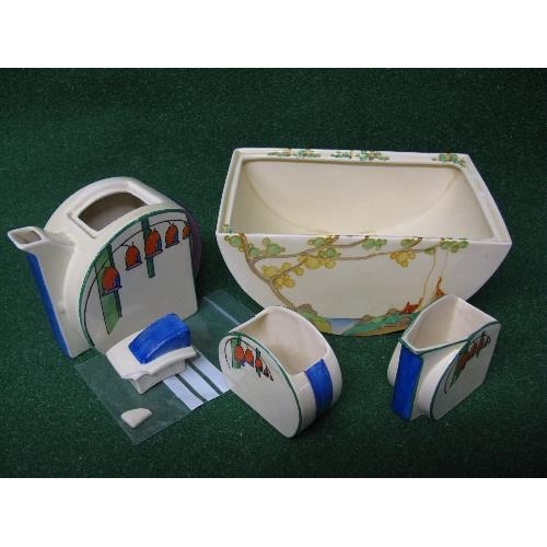 229 - Clarice Cliff Bizarre miniature three piece teaset together with a Clarice Cliff Bizarre lidded dish... 