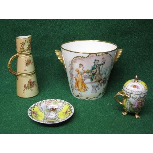 236 - Porcelain Augustus Rex style lidded cup and saucer together with a Royal Worcester jug and a hand pa... 