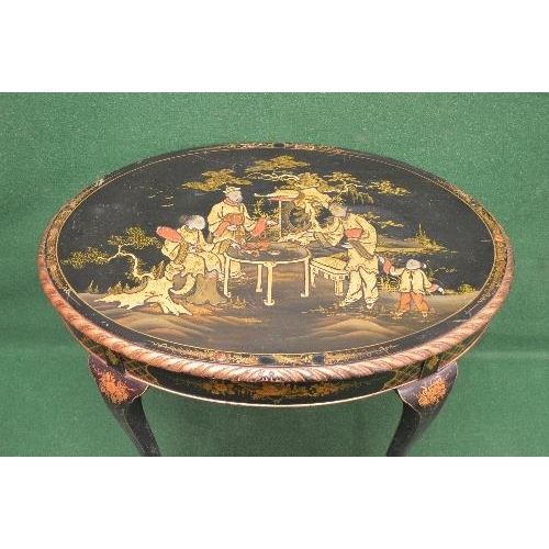 25 - Oval chinoiserie decorated occasional table the top having raised decoration of figures around a tab... 