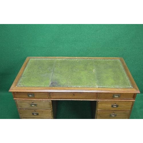 26 - Mahogany pedestal writing desk having green leather insert over single long drawer simulated as thre... 