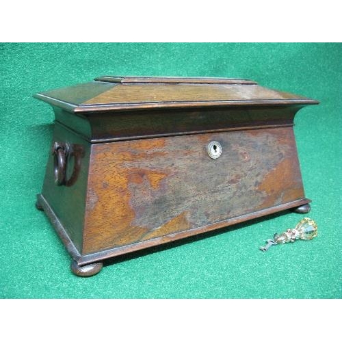 269 - Rosewood sarcophagus shaped tea caddy having side carrying handles, the top opening to reveal two li... 