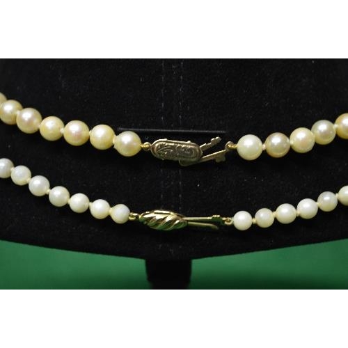 357 - Two pearl necklaces formed of single rows of uniform sized pearls and having 9ct gold clasps -  20.5... 