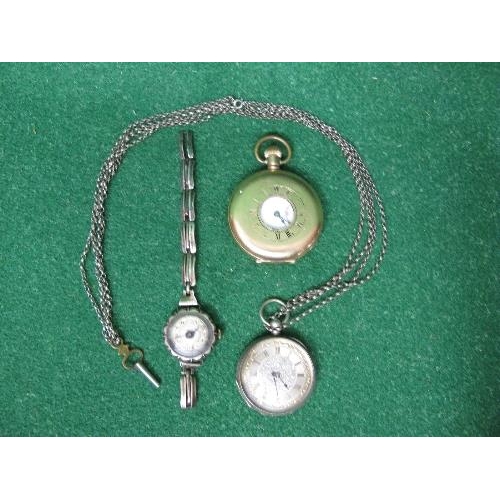 367 - Gold coloured half hunter pocket watch together with one silver pocket watch, silver wrist watch and... 