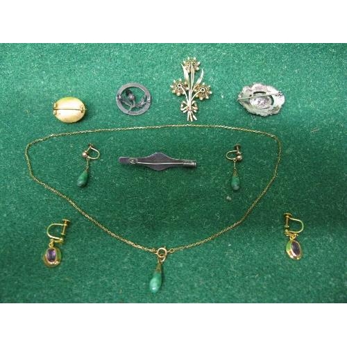 370 - Pair of 14ct gold earrings and pendant on chain together with five brooches and one pair of earrings