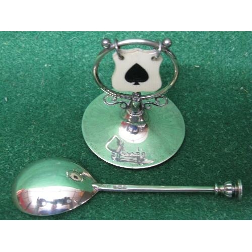 392 - Silver trumps card game marker together with a single silver spoon