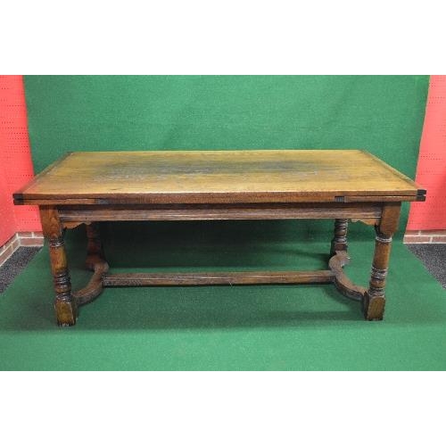 43 - 20th century oak dining room suite to comprise of refectory style drawer leaf table having cleated e... 