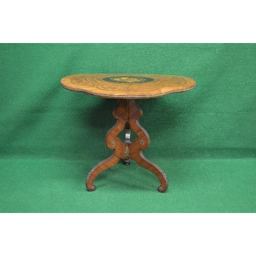 67 - Marquetry inlaid topped shaped tip top occasional table supported on a triform upright leading to do... 