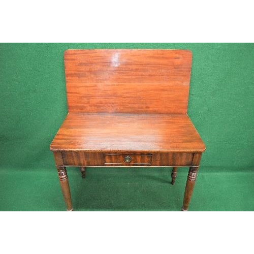 80 - Mahogany fold over tea table the top having rounded corners over a single drawer, standing on turned... 