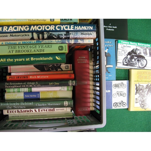 108 - Crate containing a collection of approx forty five books covering classic, vintage and racing motorc... 