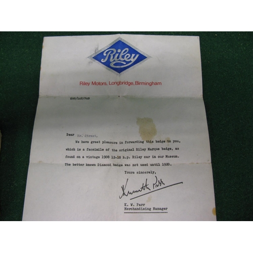 133 - Boxed enamel car badge for Riley with accompanying letter from Kenneth Parr of Riley Motors-Birmingh... 