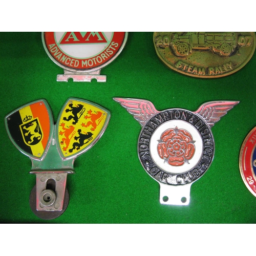 138 - Ten car badges and brass rally plaque to include: Royal Air Forces Association, Orkney Vintage Club,... 