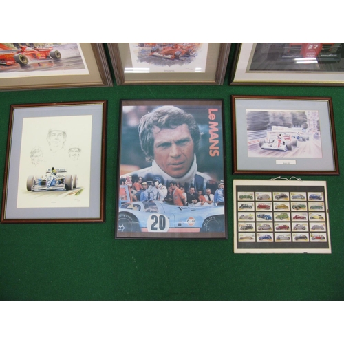 145 - Five F1 prints featuring Ayrton Senna or Michael Schumacher, a Steve McQueen Le Mans poster and Play... 