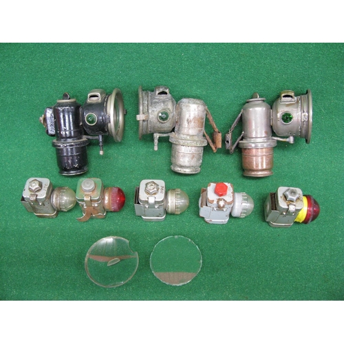 149 - Five GEC and Starlight battery cycle lamps and three Lucas Calcia Cadet carbide front lights in vary... 