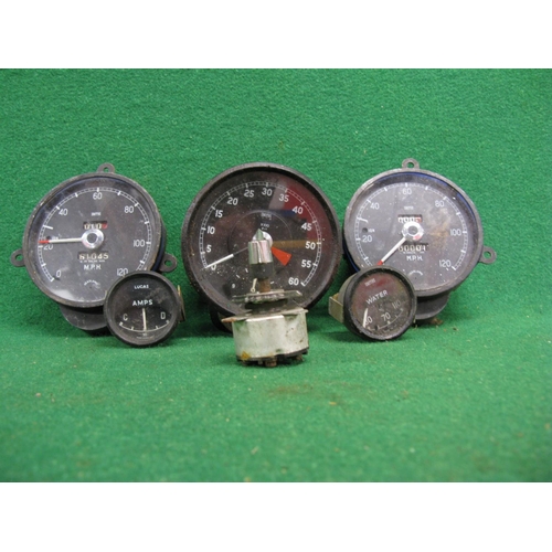 17 - Two 0-120mph speedo's, a 0-6000rpm rev counter with built in clock, water gauge all Smiths together ... 