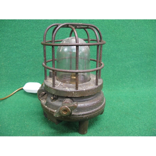 175 - Heavy bronze lamp of unknown purpose with unscrewable cage and domed glass, stamped AML&4 on base, n... 