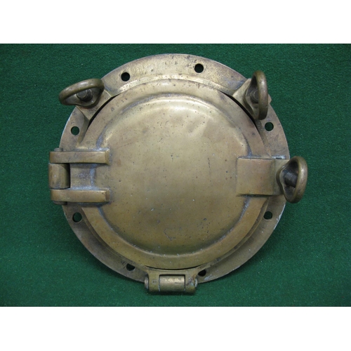 176 - Double hinged heavy brass and glass porthole with cover, stamped 6 - max dia of mounting 14.5