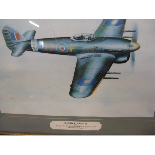 185 - Framed print of a Hawker Typhoon 1B together with three modern tin signs featuring Spitfire MkV, Lan... 