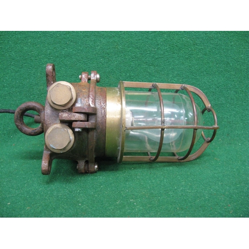 188 - Heavy brass bulk head light with glass dome and three fixing lugs, flat base to top of cage - 9.5