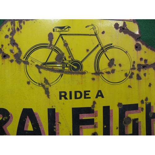 194 - Large enamel advertising sign - Ride A Raleigh, The All Steel Bicycle, featuring side view of a gent... 