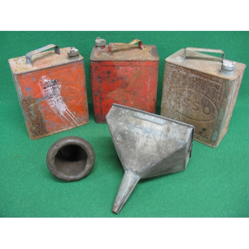 2 - Two Esso and one plain two gallon fuel cans together with a large galvanised Eltex filter funnel and... 