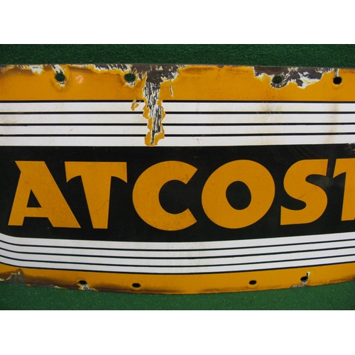 202 - Enamel sign for Atcost, orange letters on a black ground with white and orange borders - 30