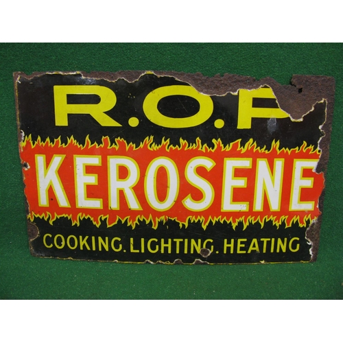 215 - Double sided enamel advertising sign for ROP Kerosene Cooking, Lighting, Heating.  Yellow and white ... 