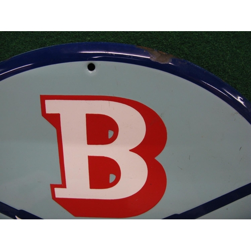 220 - Enamel sign for BDC, red shaded white letters on a light blue ground with dark blue steering wheel s... 