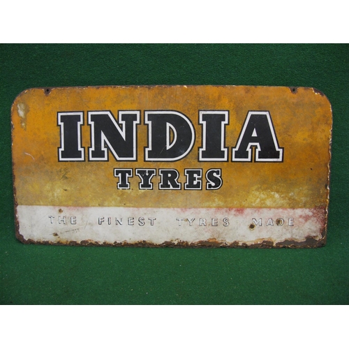 221 - Double sided enamel sign for India Tyres The Finest Tyres Made.  Black and white letters on an orang... 