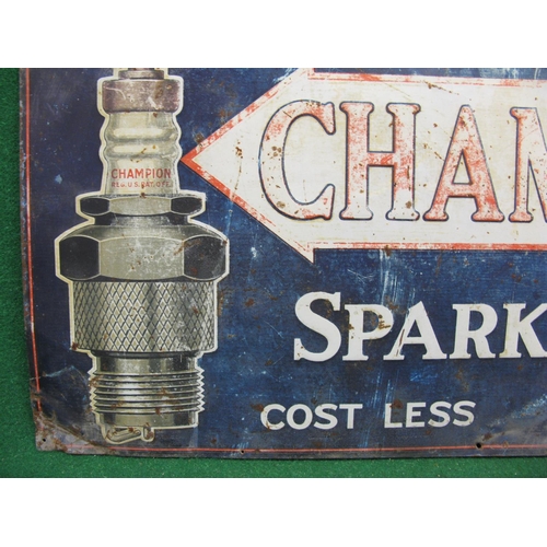 222 - Tin sign for Champion Spark Plugs Cost Less, More Power.  White and red letters on blue ground and f... 