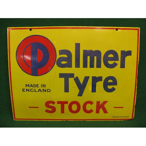 223 - Double sided enamel sign for Palmer Tyre Stock, Made In England, blue and red letters on a yellow gr... 