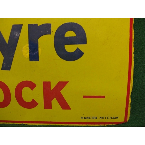 223 - Double sided enamel sign for Palmer Tyre Stock, Made In England, blue and red letters on a yellow gr... 