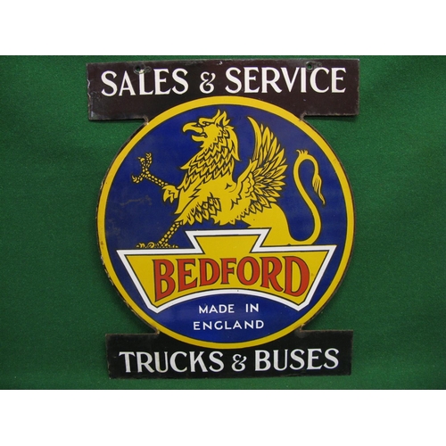 229 - Double sided enamel hanging sign for Bedford Made In England Trucks And Buses Sales & Service featur... 