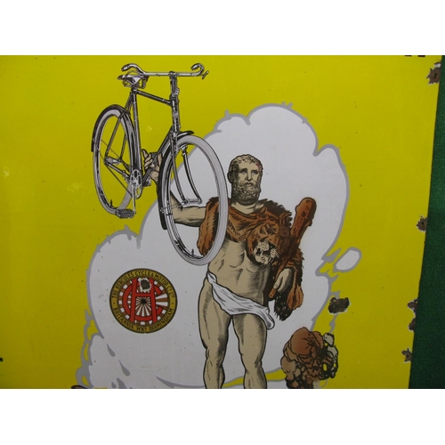 230 - Large enamel sign for Hercules Cycles Quality & Strength featuring the man himself holding aloft a g... 