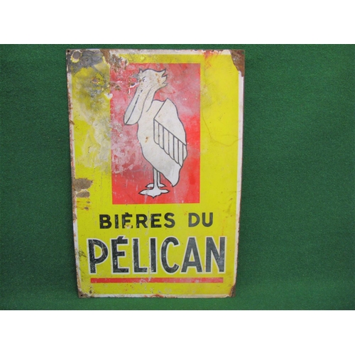 233 - Double sided enamel sign for Bieres Du Pelican, black letters on a yellow ground with a white Pelica... 