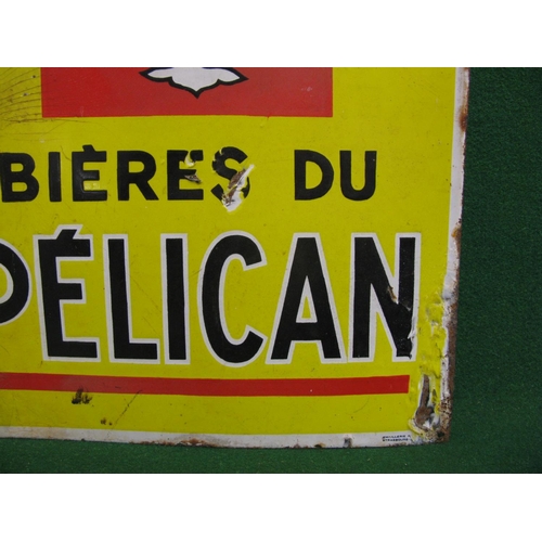 233 - Double sided enamel sign for Bieres Du Pelican, black letters on a yellow ground with a white Pelica... 