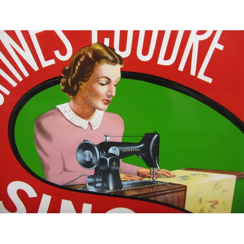 235 - Colourful enamel sign for Singer Sewing Machines featuring a lady sitting at a sewing table using a ... 