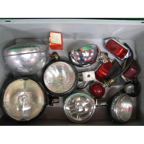 24 - Crate of vehicle lamps and light fittings by Lucas, CAV and Butlers together with a pair of chrome s... 